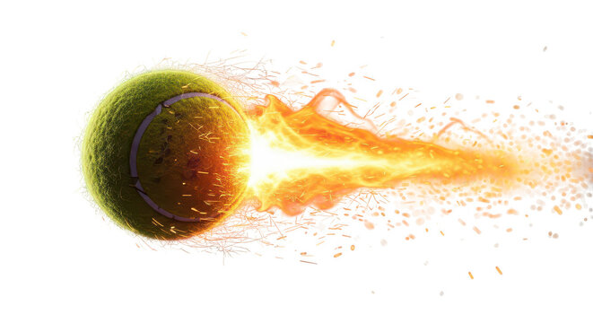 Tennis ball on fire with flames and sparks flying everywhere