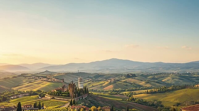 Serene Tuscan landscape at golden hour: rolling hills, cypress trees, vineyards, and a historic villa &mdash; iconic embodiment of Italian rural beauty and timeless charm