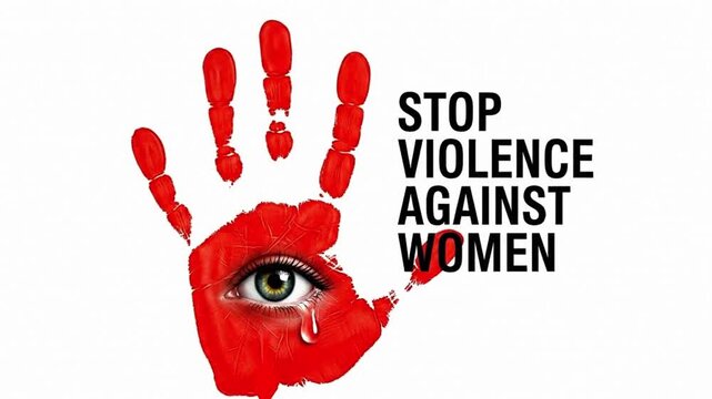 Red handprint with eye and tear drop representing stop violence against women on white background end of violence.