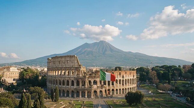 Italian flag flying proudly at the Colosseum with Mount Vesuvius in the background &mdash; powerful blend of Roman antiquity, national identity, and natural grandeur