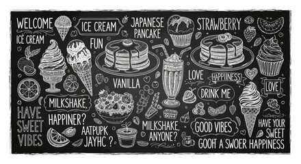 A chalk-drawn illustration on a blackboard featuring various sweet treats like ice cream, pancakes, and milkshakes, with positive messages. © Avoxel
