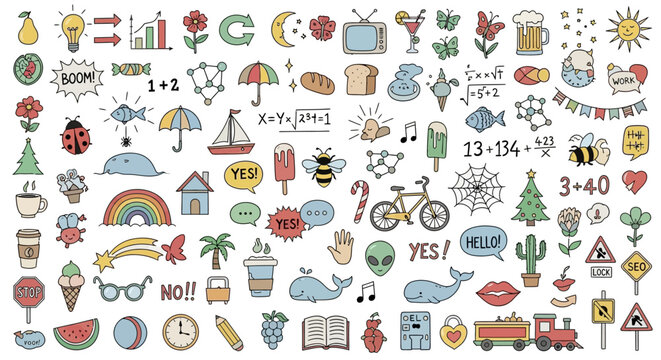 A vibrant collection of hand-drawn doodle icons representing a wide array of themes, including food, nature, education, and everyday objects.