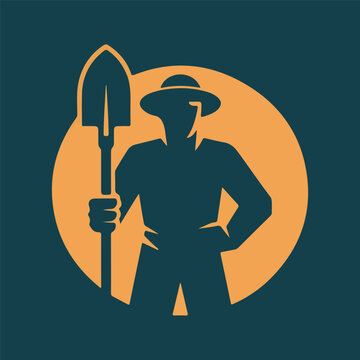 Farmer with shovel and hat working in field minimalist vector illustration