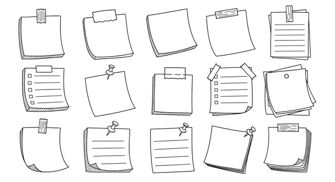 Hand-drawn doodle style collection of various paper sheets, notes, clipboards, and memo pads with different attachments.