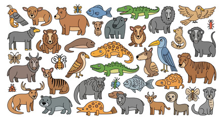 Fototapeta premium A diverse collection of cartoon animals including mammals, birds, reptiles, fish, and insects, depicted in a simple, outlined style.