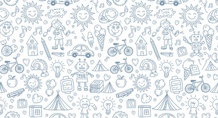 Obraz premium A seamless pattern of hand-drawn blue doodles depicting various childhood objects, toys, and educational items on a white background.
