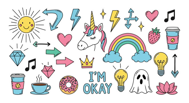 A vibrant collection of hand-drawn doodle icons featuring a unicorn, rainbow, sun, coffee, donut, ghost, lightbulbs, hearts, and arrows on a white background.