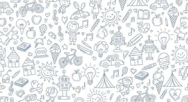 A whimsical doodle pattern featuring children, robots, bicycles, houses, and musical notes on a white background.