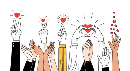 Diverse hands making heart gestures and clapping, symbolizing love, support, and community.