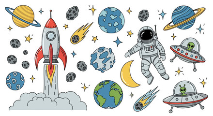 A vibrant collection of cartoon space elements including a launching rocket, planets, stars, an astronaut, aliens in UFOs, asteroids, and comets. © Avoxel