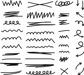 Set of hand-drawn doodle lines and arrows perfect for emphasizing text, creating bullet points, or adding playful touch to designs isolated on white background