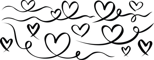 Calligraphic heart flourish collection with elegant hand drawn swirls and script lines for romantic greeting cards and wedding invitation typography design projects
