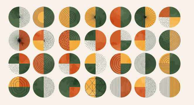 Abstract geometric circles with segmented patterns in green, orange, yellow, and white colors arranged in a grid.