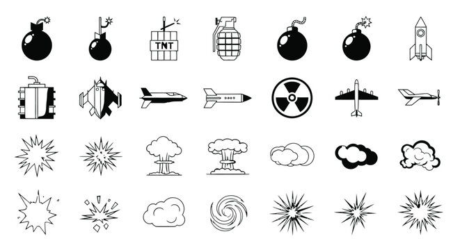 Collection of various explosive and military icons on white background