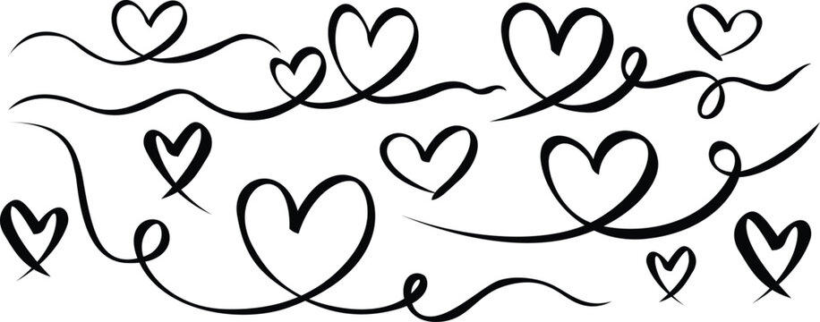 Calligraphic heart flourish collection with elegant hand drawn swirls and script lines for romantic greeting cards and wedding invitation typography design projects