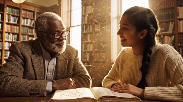 Elderly Mentor Tutoring Young Student Reading In Library.