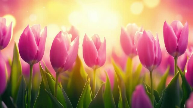 Vibrant pink tulips in bloom under a radiant sunrise with sparkling light. International Women's Day, March 8th, IWD. Mother's Day, Mothering Sunday, Dia de la Madre
