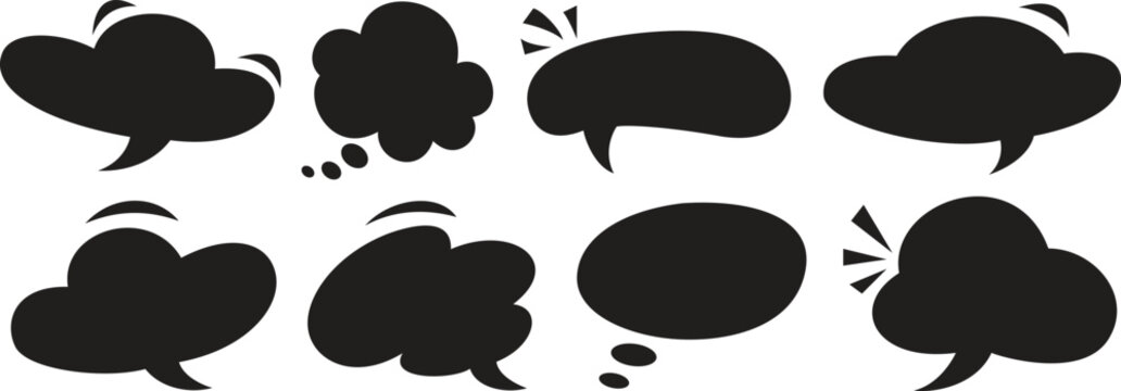 Set of black comic speech bubbles and thought balloons, perfect for adding dialogue or expressive messages to illustrations and graphic designs