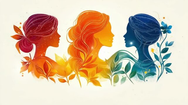 Colorful silhouettes of three women with floral elements. International Women's Day, March 8th, IWD - Global Feminine Celebration, Women's Rights Day
