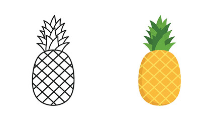 Comparison of a detailed black and white line art drawing next to a vibrant colored flat icon illustration of a tropical pineapple fruit.
