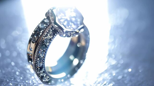 A close-up of a luxury diamond ring with intricate metalwork and shining gemstones, highlighting elegance and craftsmanship. 4k Video footage.