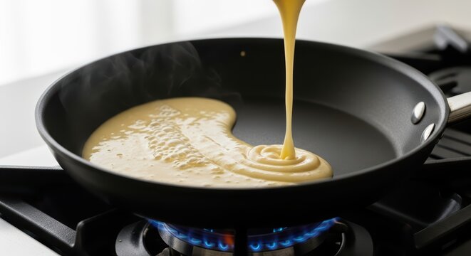 Batter pouring into hot frying pan on stove for delicious pancake breakfast preparation with rising steam