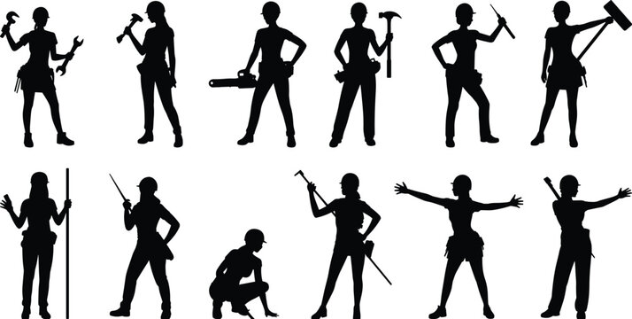 Female construction worker silhouettes set showing women builders tools poses strength empowerment industrial labor safety profession vector illustration collection