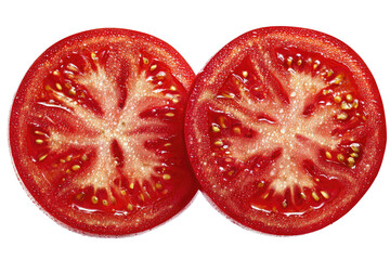Two tomato halves, cross-section, vibrant red, displaying seeds and flesh.  Close-up view