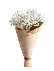 Small bouquet of white flowers in a kraft paper cone