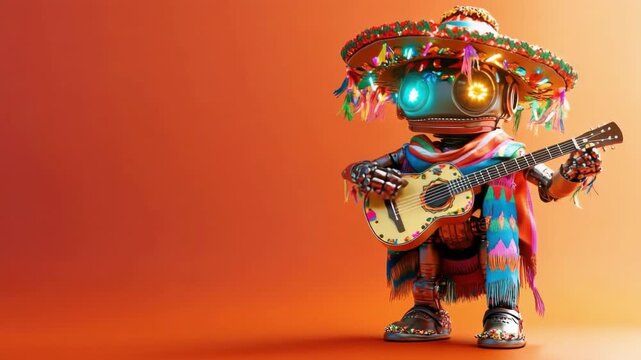 Colorful robot with sombrero and guitar on vibrant orange background. Cinco de Mayo, Battle of Puebla Day, Mexican Heritage Festival - Latin American Cultural Celebration