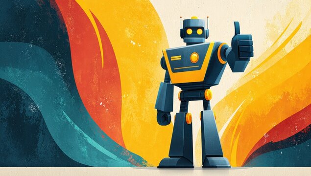 Colorful Cartoon Robot Standing with Thumbs Up in Bright Abstract Background