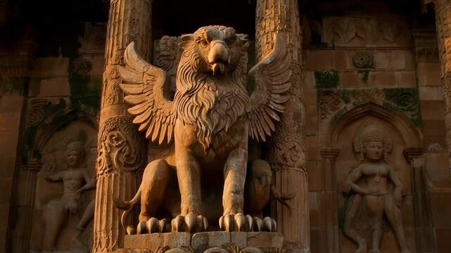 Lion statue stands strong at ancient temple ruins during sunset in India