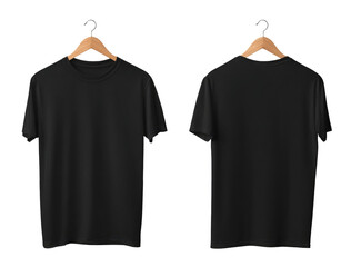 Two identical black t-shirts on wooden hangers