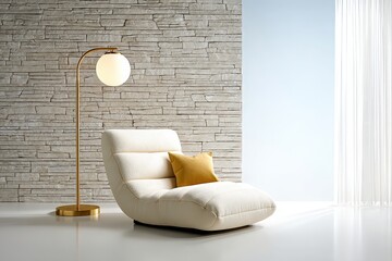 Modern Cozy Lounge Chair with Gold Floor Lamp and Yellow Pillow in Bright Minimalist Room