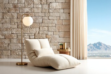 Modern Cozy Lounge Chair with Floor Lamp and Mountain View in Bright Living Room