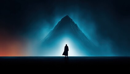 Silhouette of Person Standing in Front of Majestic Mountain with Mystical Blue Lighting