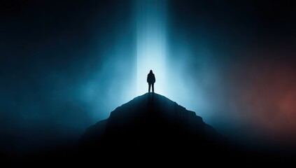 Silhouette Person Standing on Mountain Peak in Dramatic Night Scene with Blue and Red Lighting