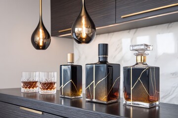 Elegant Black and Gold Whiskey Bottles with Glasses in Modern Kitchen