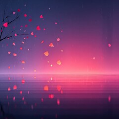 Abstract Romantic Heart-shaped Petal Falling Scene with Pink Purple Sky and Reflective Water
