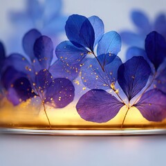 Vivid Blue Flower Petals Floating on Water with Golden Light Reflection