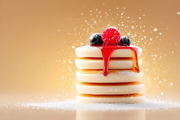 Stack of Five White Pancakes with Berry Toppings and Red Syrup on Beige Background