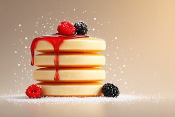Stack of Four Round Creamy Pancakes Topped with Red Berry and Black Berry with Drizzled Syrup and Powdered Sugar