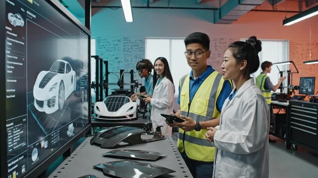 Engineers Collaborate on Digital Car Design in Workshop.