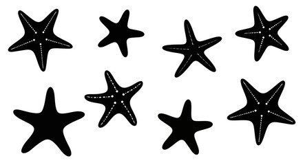 Vector silhouette illustrations of starfish in various poses and orientations.