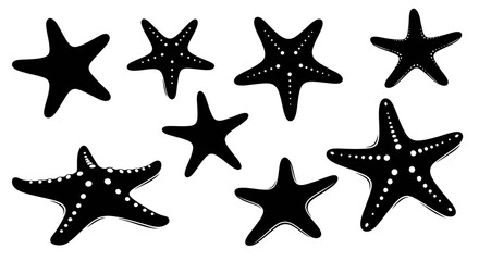 Vector silhouette illustrations of starfish in various poses and orientations.