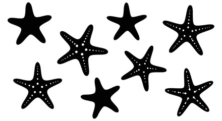 Vector silhouette illustrations of starfish in various poses and orientations.