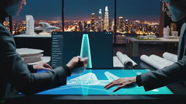 Engineers Collaborate Over Holographic City Design At Night.