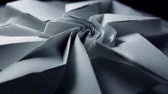 Paper folds form a complex design in a close-up view showing the details and shapes of the structure