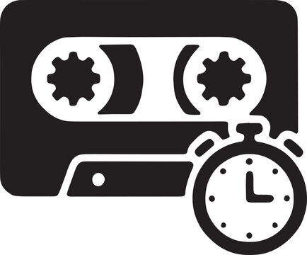 Cassette tape icon with a stopwatch, representing timed backups, legacy systems, chronological data archives, and scheduled recovery, designed as a bold black vector graphic