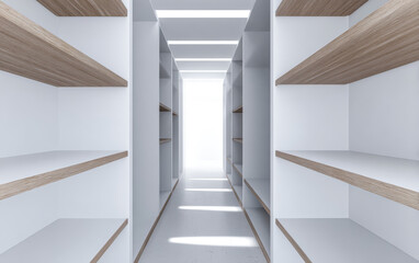 Obraz premium Modern shelving design in a spacious, well-lit room with minimalist features and clean lines